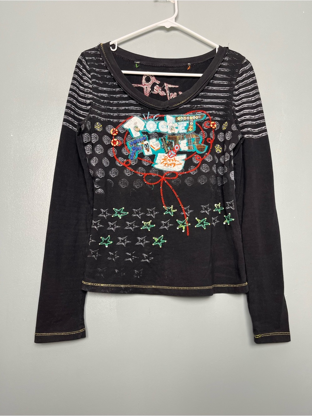 Vintage Y2K ‘Pocket Fighter’ Top Black Embellished Long Sleeve Fairy Grunge Punk